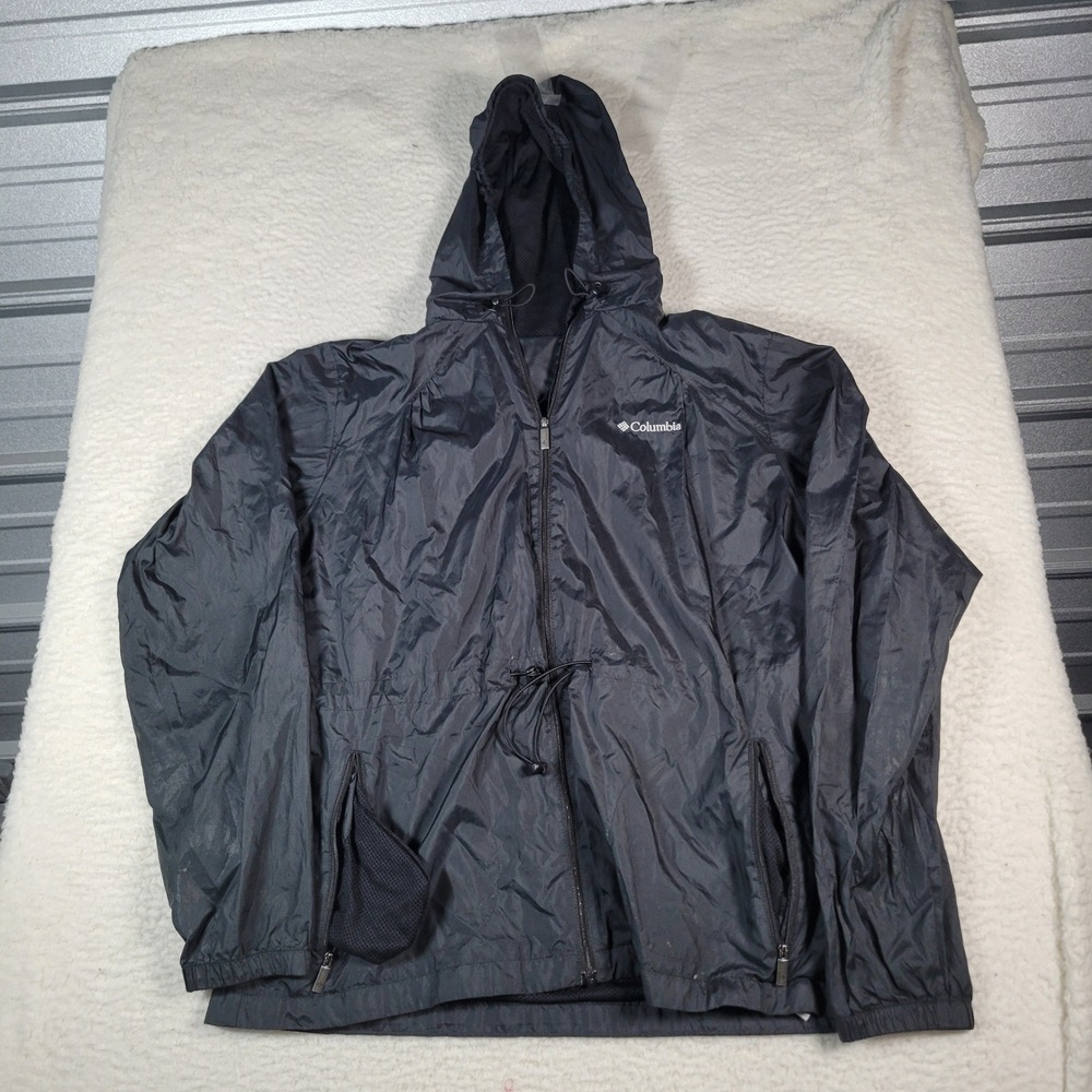 Columbia Windbreaker Jacket Women Large Black Hooded Mesh Lined Full Zip